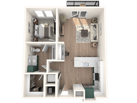 A 3D floor plan of a small apartment with a kitchen, living room, and bathroom.